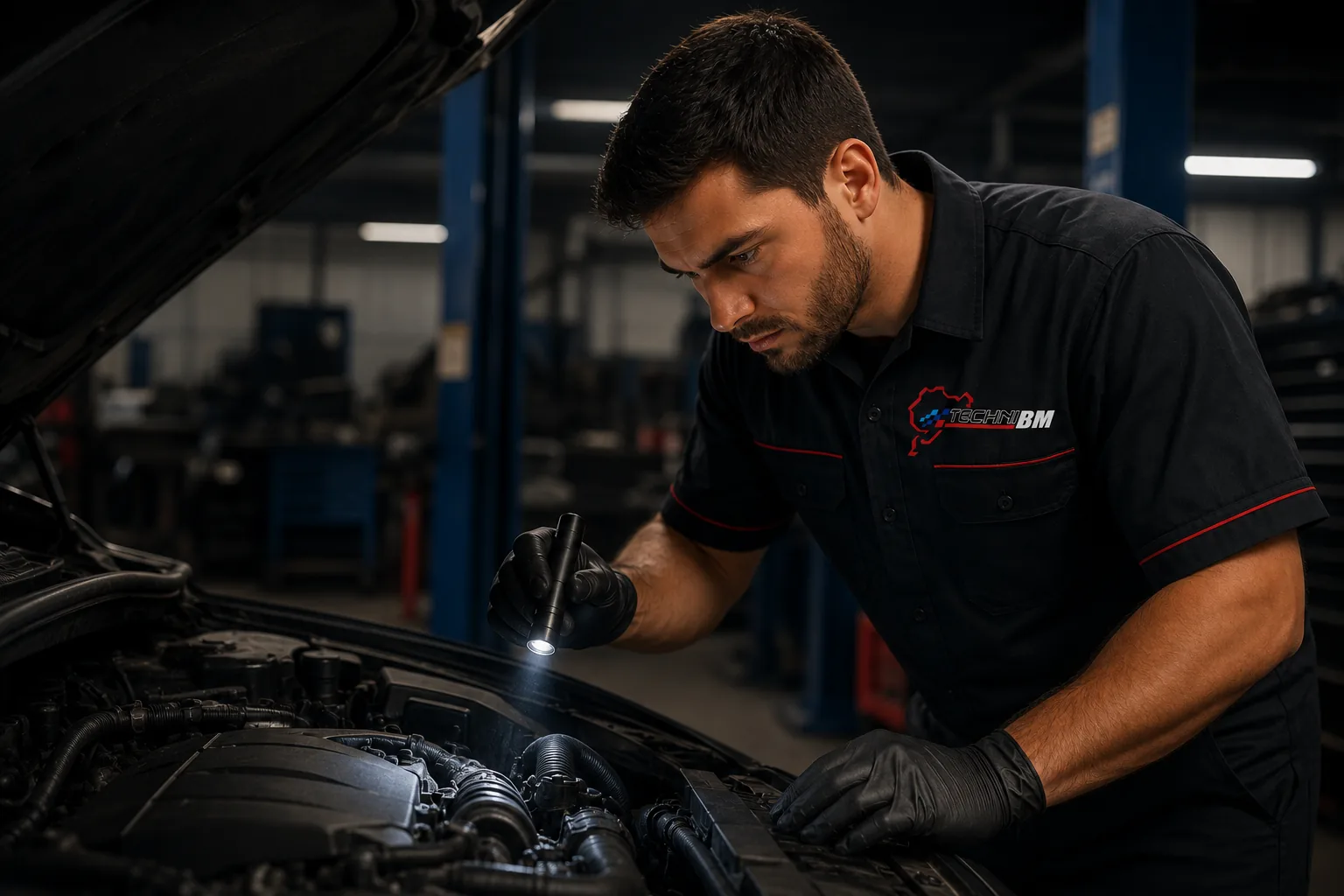 Técnico revisando el motor de un vehículo europeo
